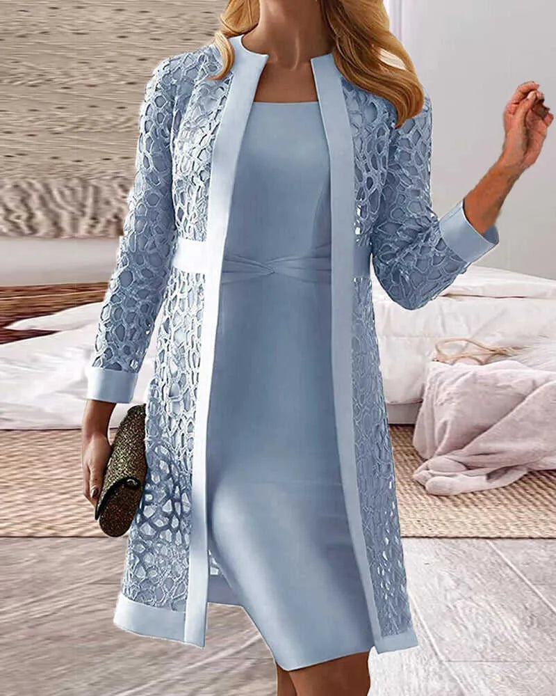 WW | Damen Spitze Strickjacke Kleid Zweiteiliges Set