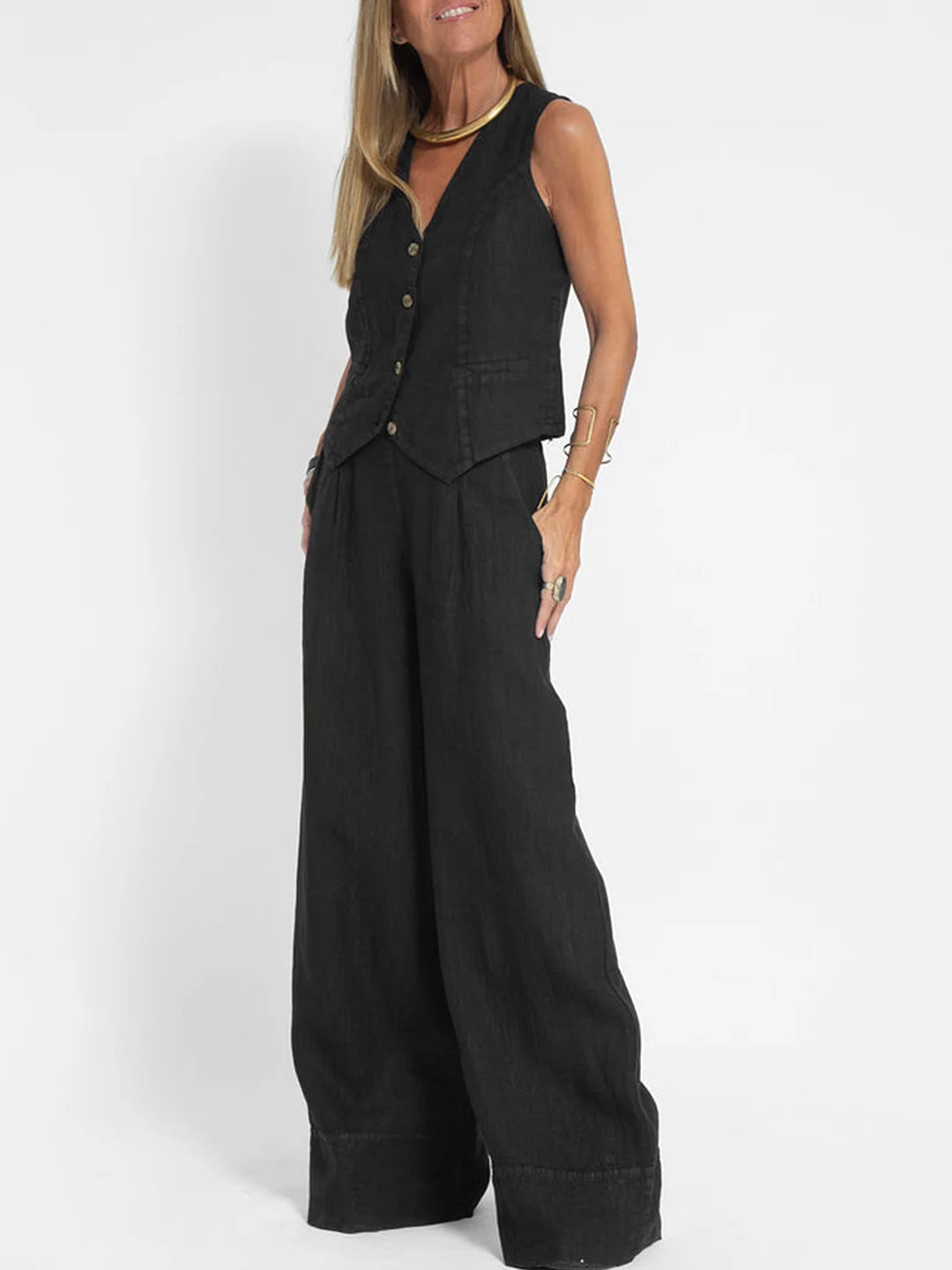 WW | Knopf-Weste & Weit Geschnittene Hose Set