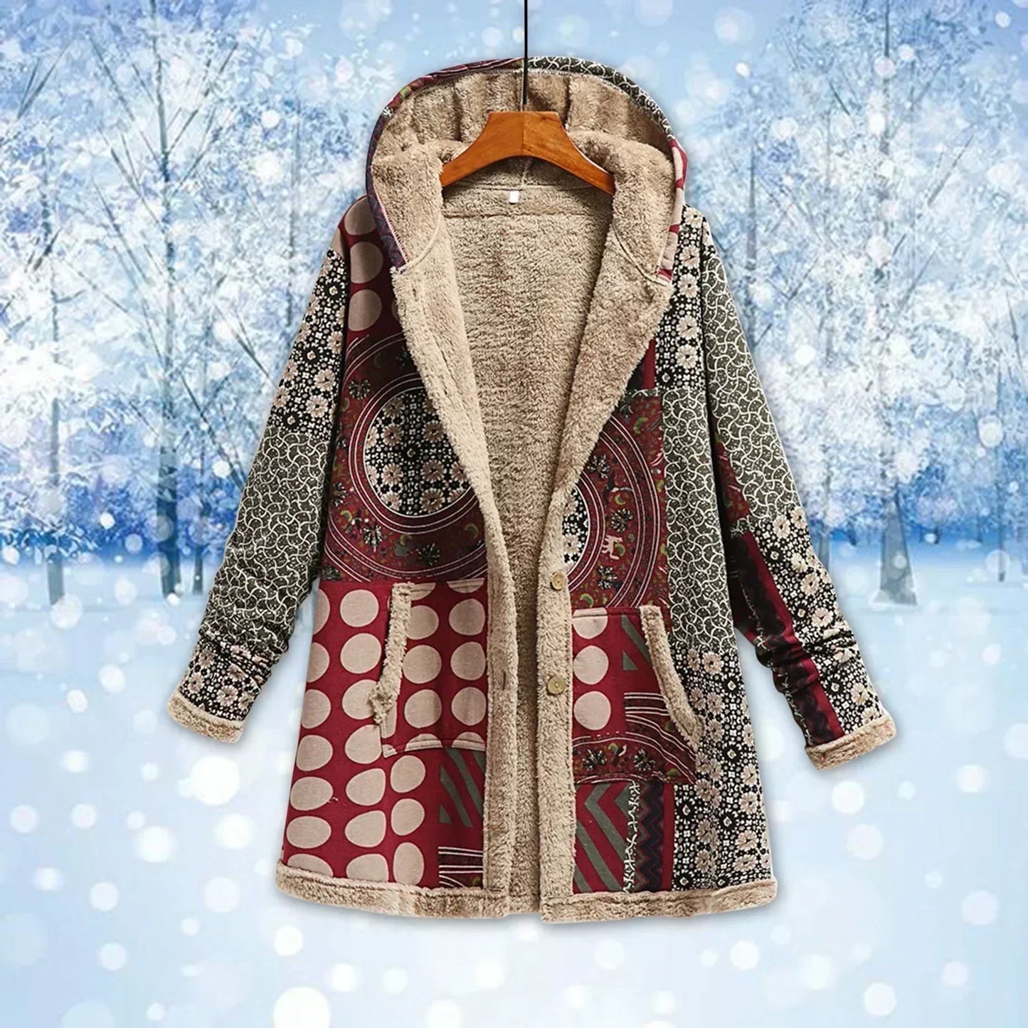 WW | Fleece Jacket Loose Fit Patchwork Long Length with Hood and Pockets