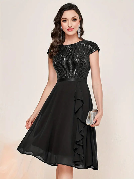 WW | Elegantes Kleid mit Kurzen Ärmeln, Pailletten und Rüschen