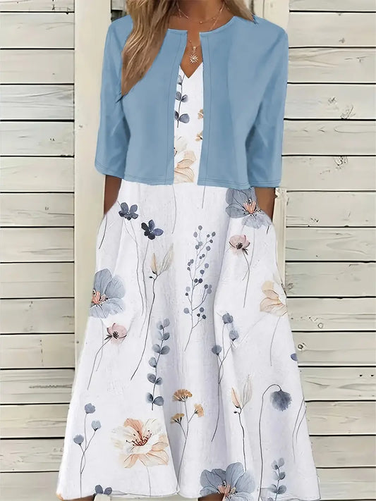 WW | Elegante Zweiteilige Blumenkleid-Set mit Einfarbigem Crop-Top und Rundhalskleid