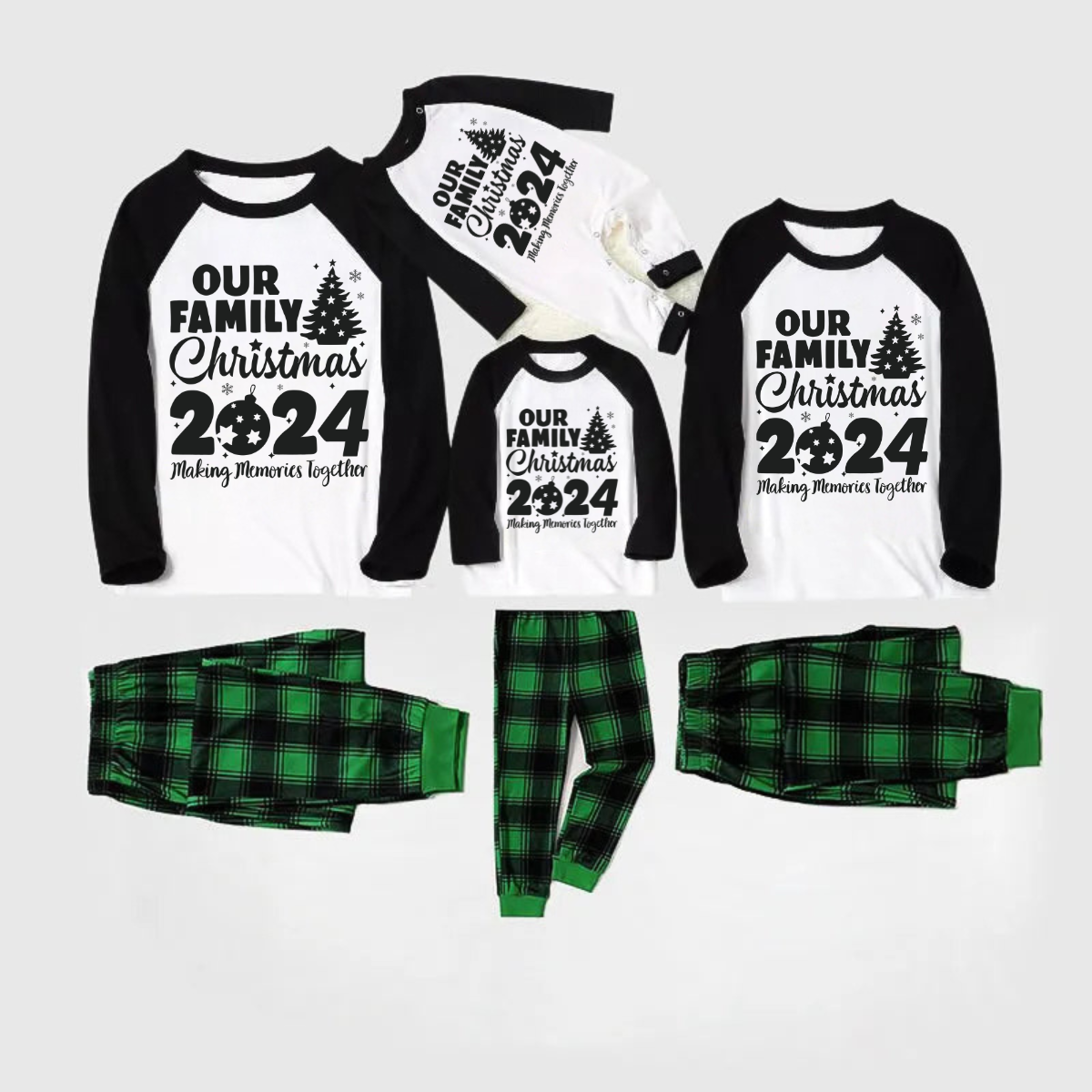 WW | Weihnachtsbaum & "2024 Erinnerungen Gemeinsam Schaffen" Gemusterte Schwarze Ärmel Kontrast Tops und Schwarz- und Grünkariert Hose Familientreffen Schlafanzug Sets Mit Hundebandana