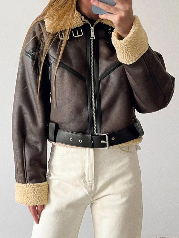 WW | Brown Lambswool Lined Leather Splice Short Jacket