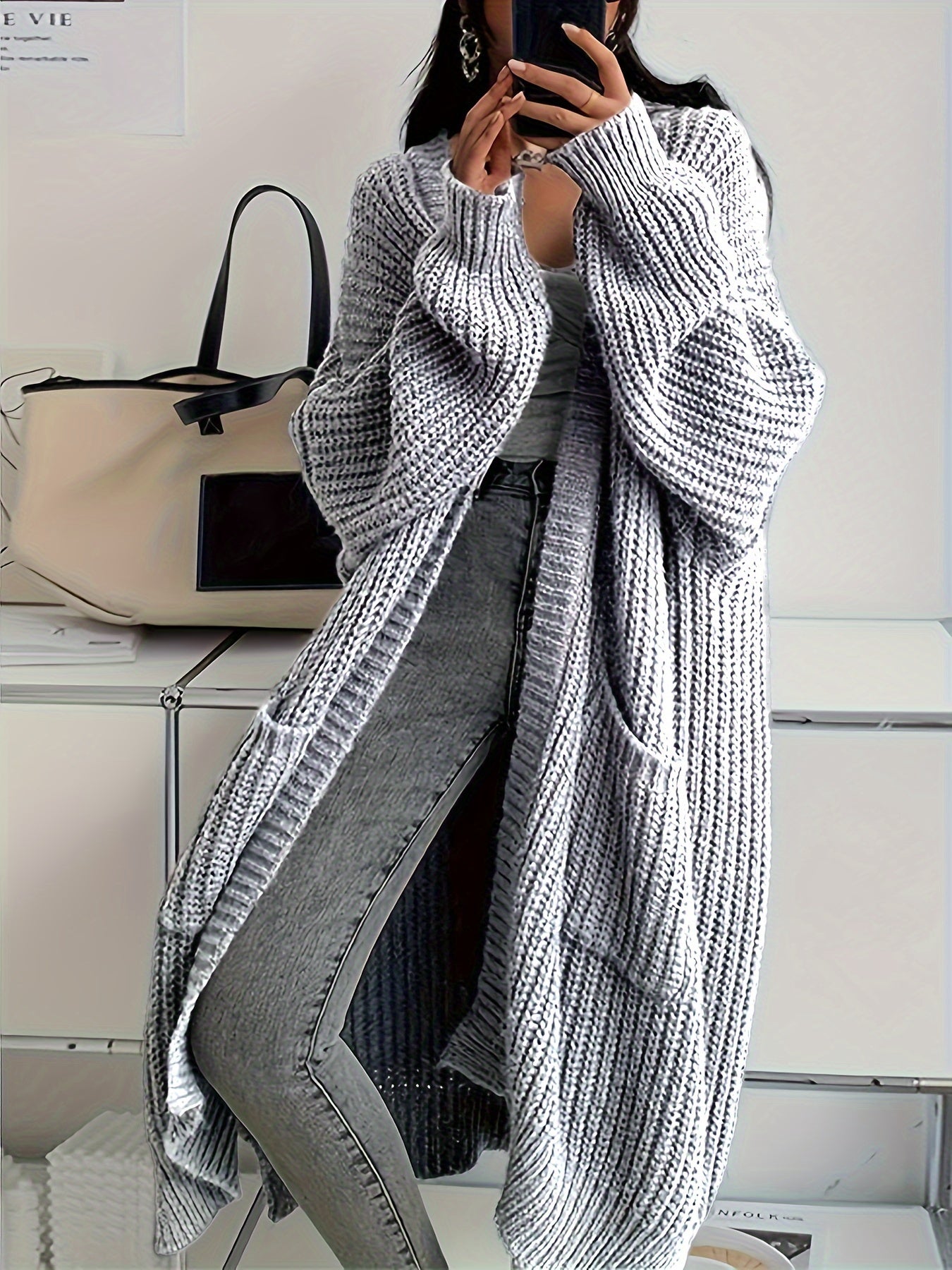 WW | Lange Aufgenähte Taschen Wolle Strickjacke Für Damen - Perfekt für Alltag