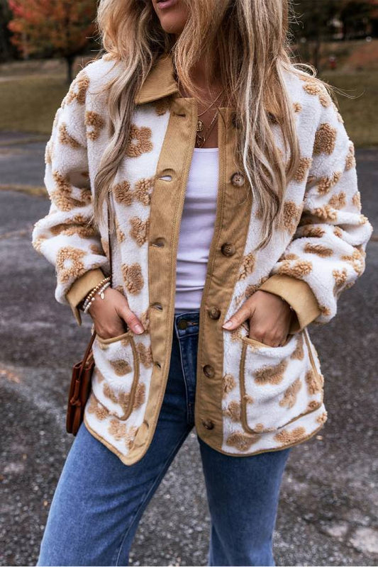 WW | French Beige Sweet Floral Button-Up Fleece Jacket