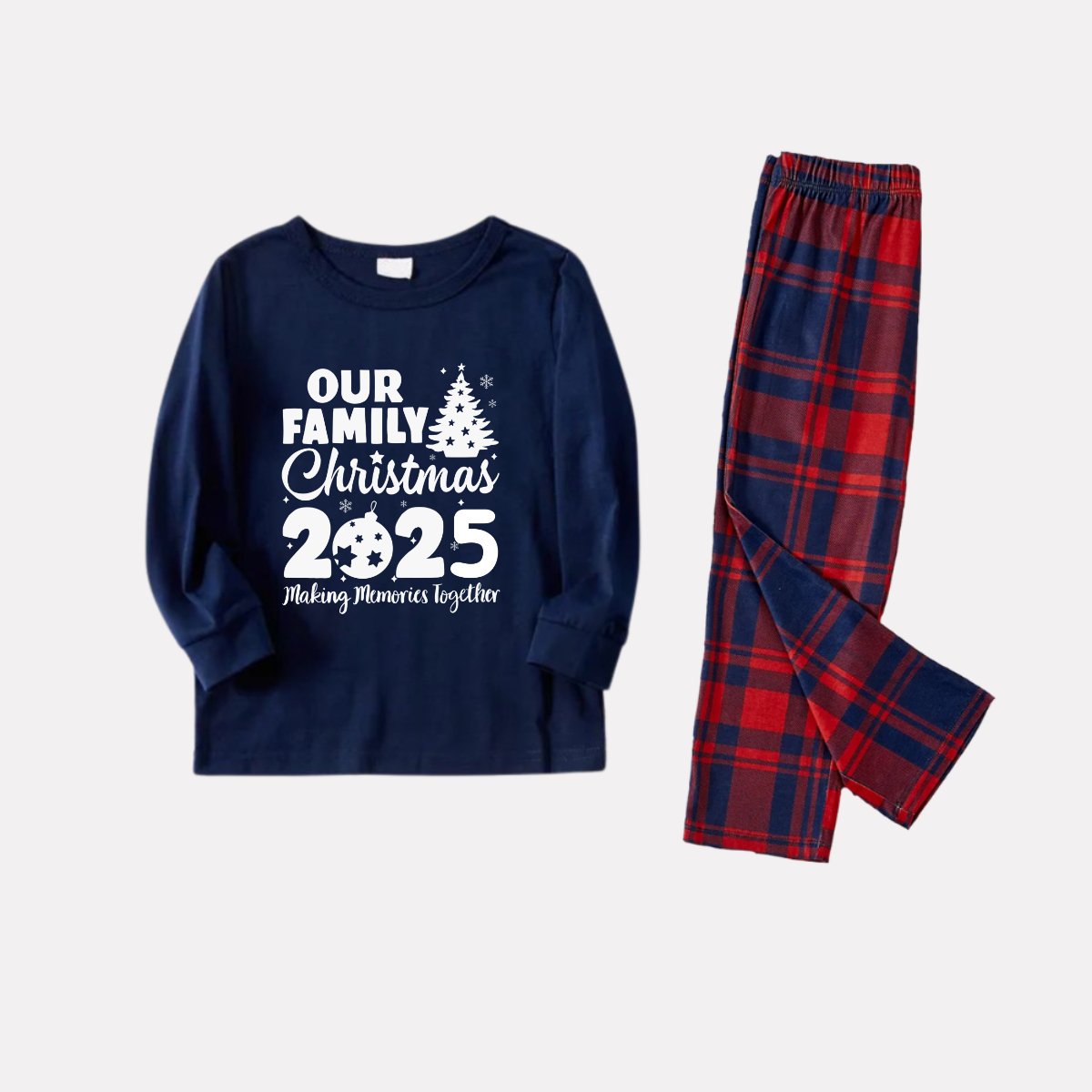 WW | Our Family Christmas 2025 'Making Memories Together' Letter Print Blue Long-Sleeve Top with Red and Blue Plaid Pants Matching Christmas Pajamas
