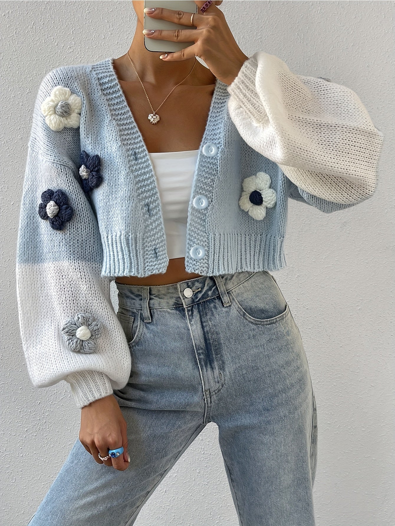 WW | Stylish Floral Embellished Warm Cotton Knit Cardigan for Women - Perfect for Everyday Wear