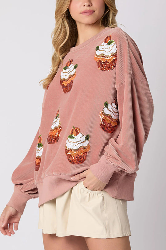 WW | Weihnachts-Pumpkin-Kuchen Pailletten Rundhals lockeres Sweatshirt