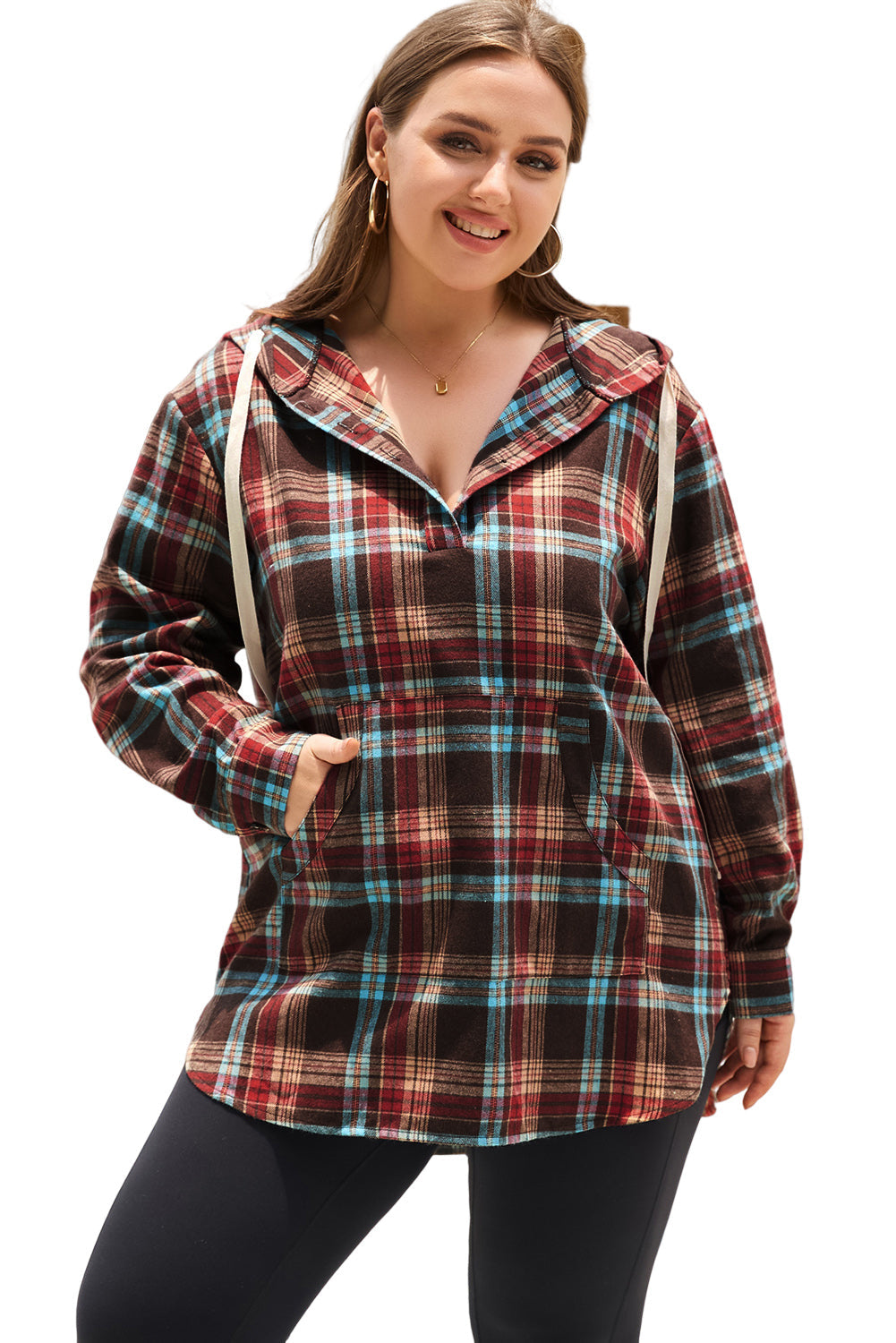 WW | Fiery Red Plus-Size Plaid Kangaroo Pocket Drawstring Hoodie