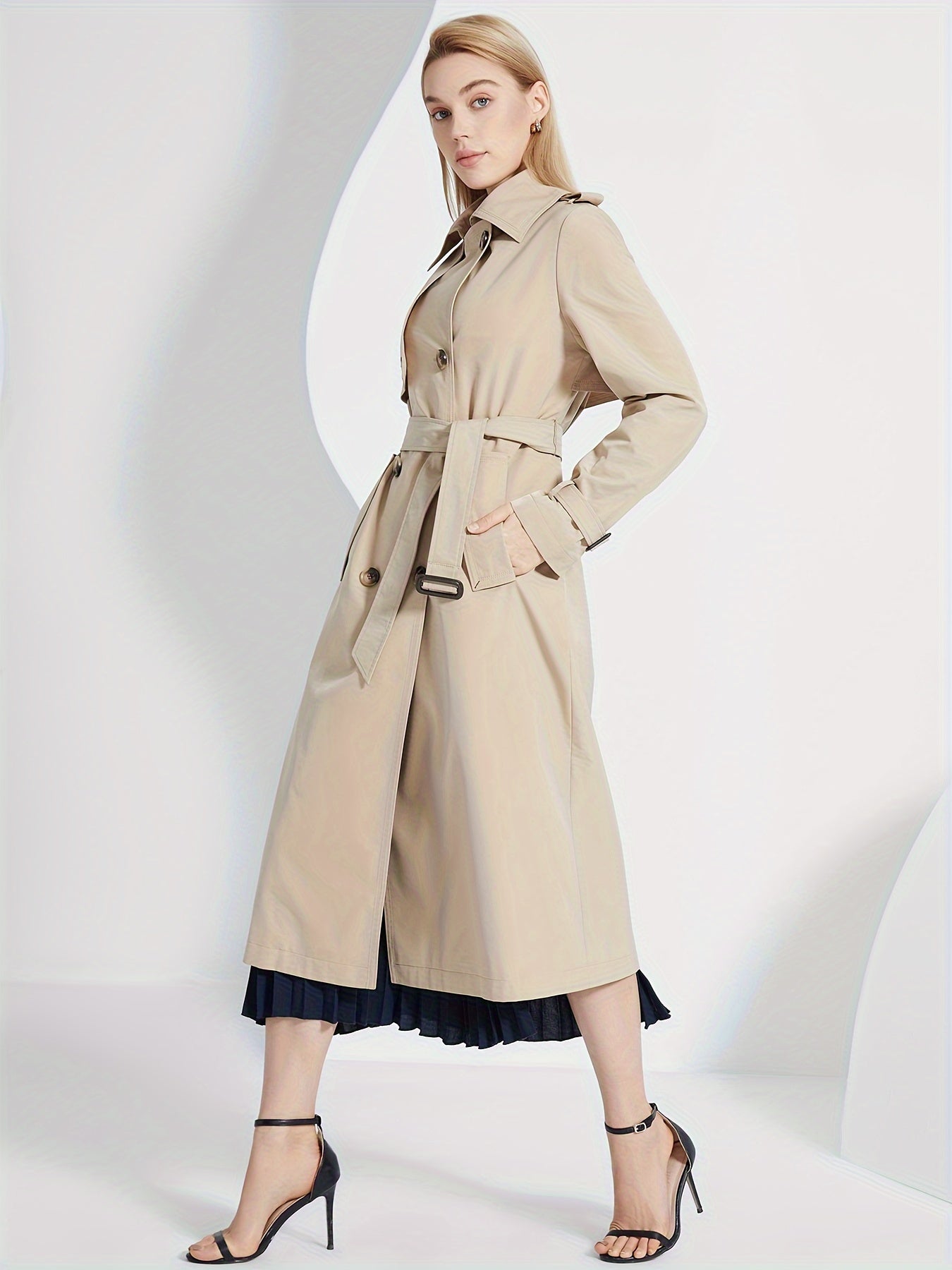WW | Langarm-Trenchcoat mit einfarbigem Gürtel-Design für Damen - Für den Alltag