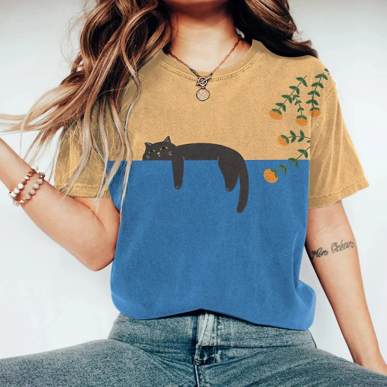 WW | Zweifarbige Katzen-Grafik-T-Shirt für Damen