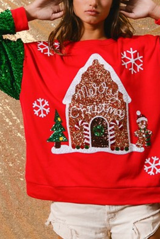 WW | Weihnachten Lässig Locker Rundhals Pailletten Ärmel Sweatshirt