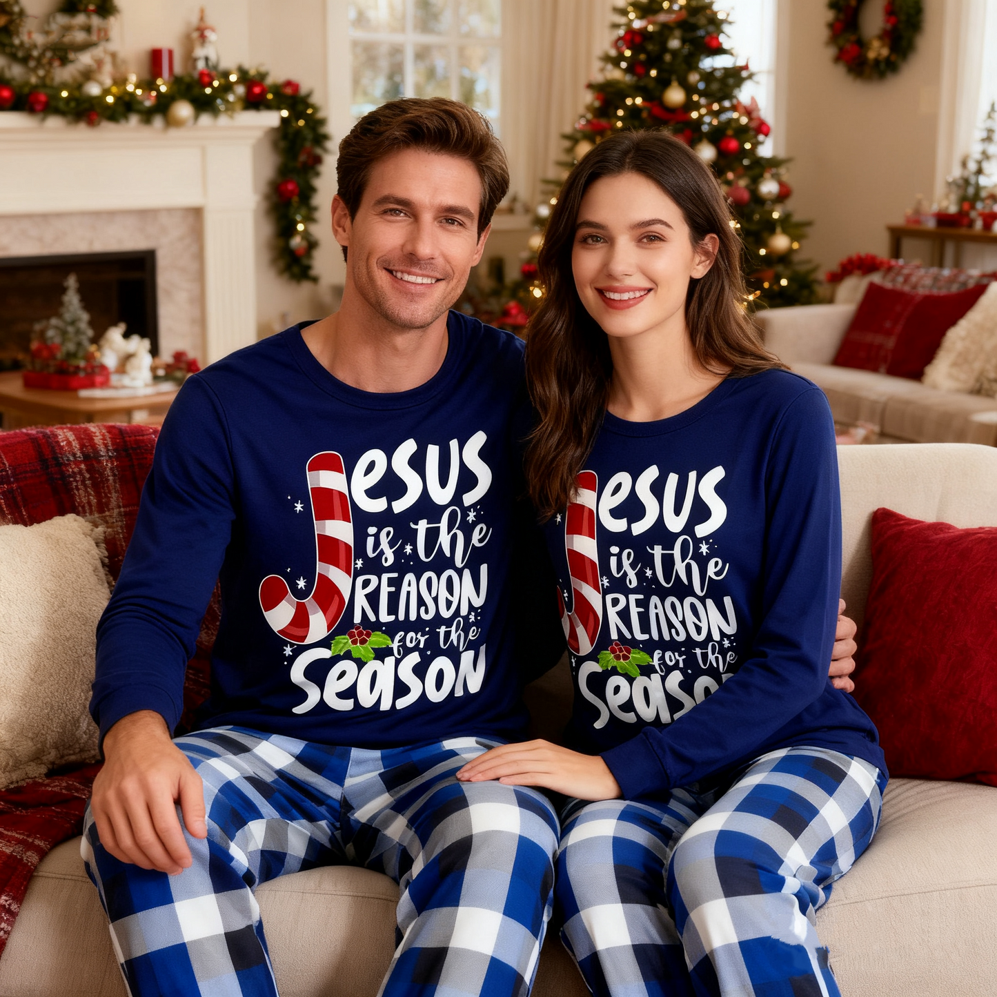 WW | Couple Christmas Matching Pajamas with Jesus Text Print