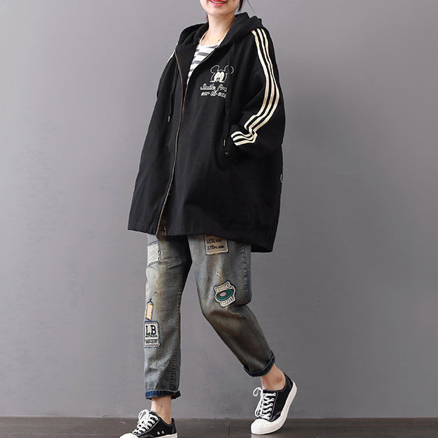 WW | schwarze Mäntel Plus Size Kapuzen-Cardigans Vintage Reißverschlussjacken & Mäntel