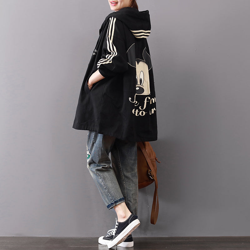 WW | schwarze Mäntel Plus Size Kapuzen-Cardigans Vintage Reißverschlussjacken & Mäntel