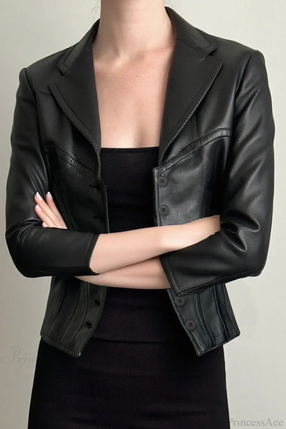 WW | Cropped Notch Kragen Leder Slim-Fit Jacke