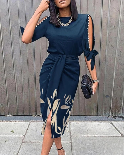 Selena - Bound Waist Dress with Pearl Embellishments and Botanical Print