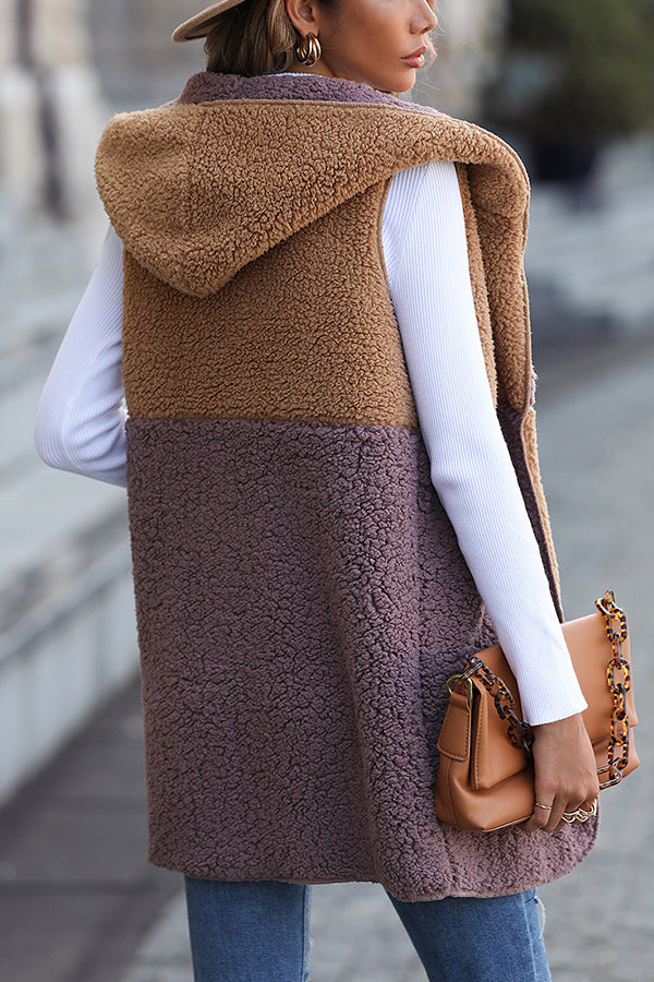 WW | Ärmelloser Colorblock-Taschenloser Mid-Length Cardigan Puff-Velours-Jacke