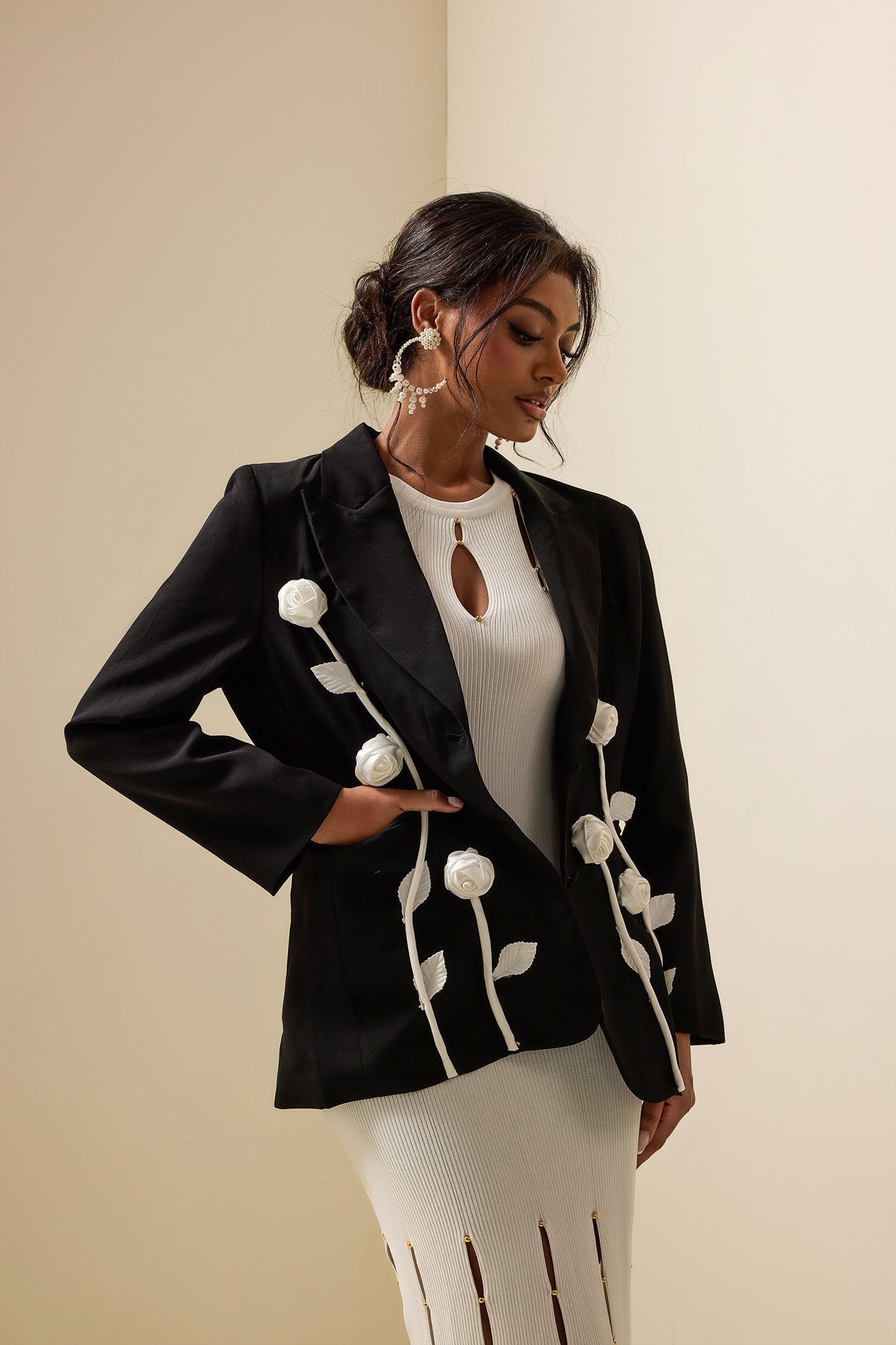 WW | Floral contrast long-sleeved blazer jacket