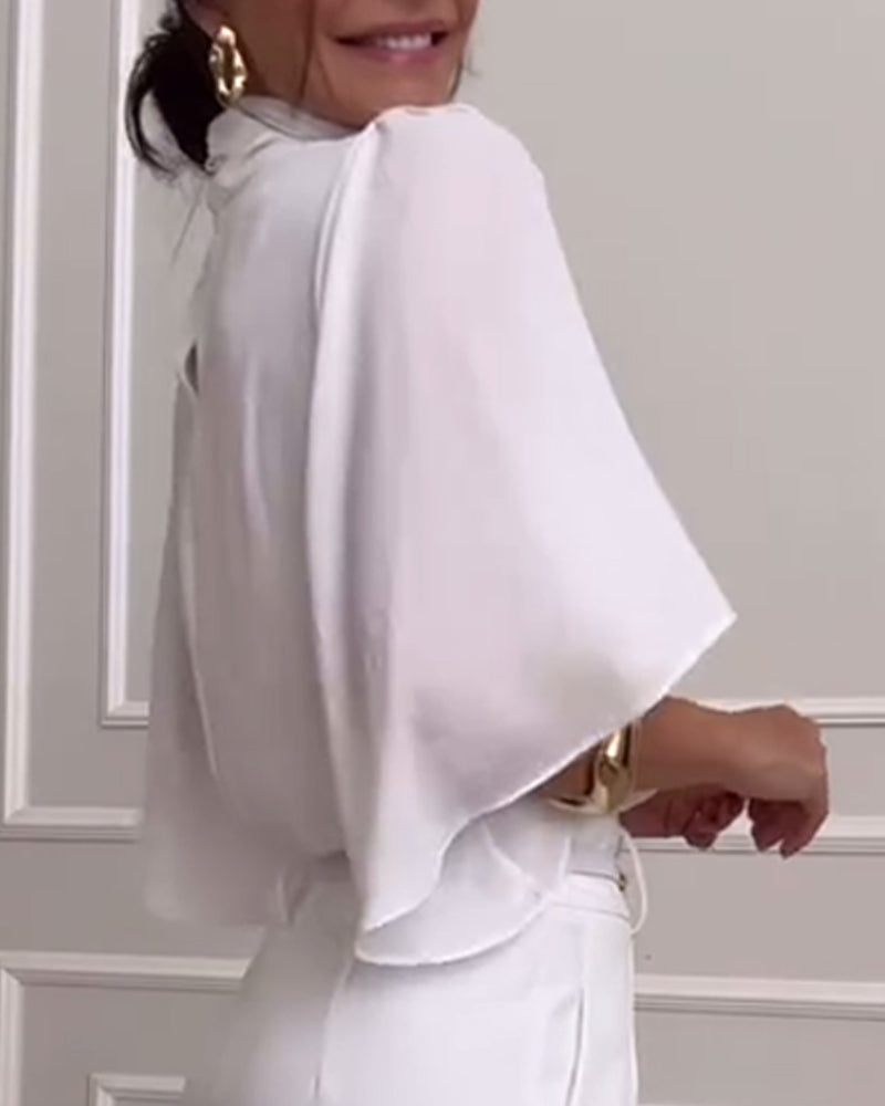 WW | Solid Colored Blouse with High Collar and Flutter Sleeves
