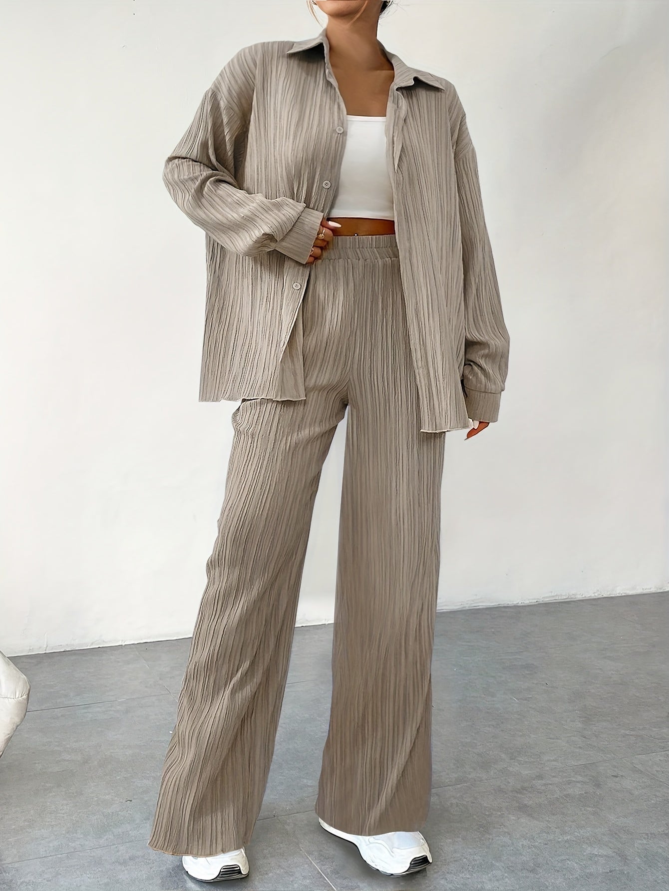 WW | Button-Down & Elastic Waistband Pants Outfit Set for Women - Ideal for Fall/Winter