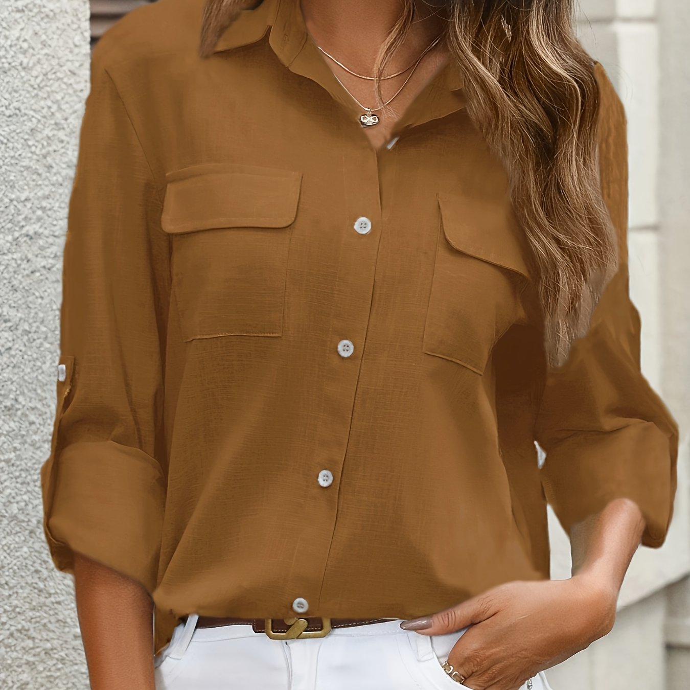 WW | Elegant Women's Cotton Blouse with Pockets and Long Sleeves