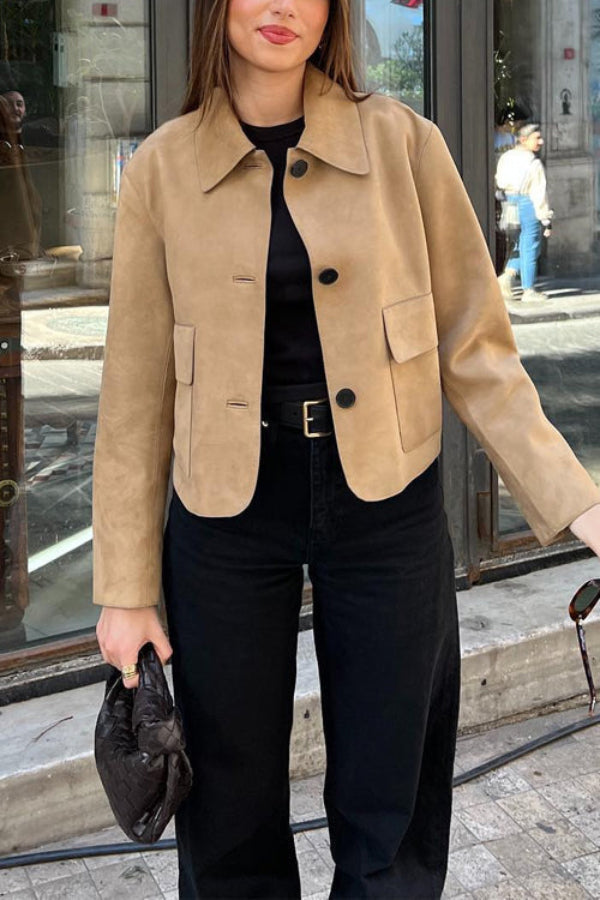 WW | Knopfverschluss Pocket Faux Suede Crop Jacke