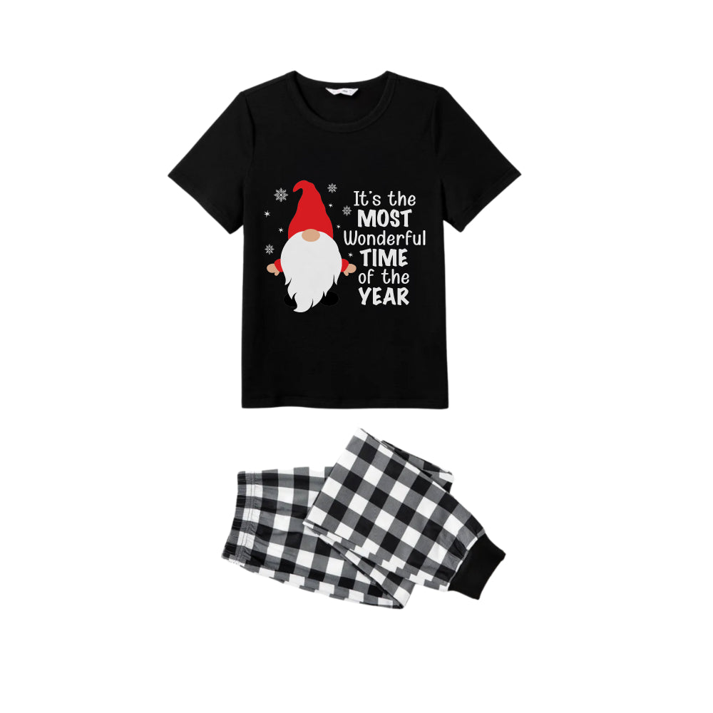 WW | Couple Black-and-White Plaid Short Sleeve Christmas Pajama Set with Gnome and Santa Claus Sayings