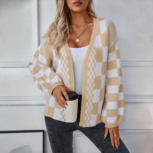WW | Kariert Gestrickte Strickjacke für Damen