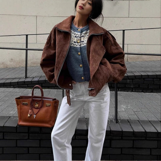 WW | Oversized bomber jacket in a suede look with an asymmetrical zipper