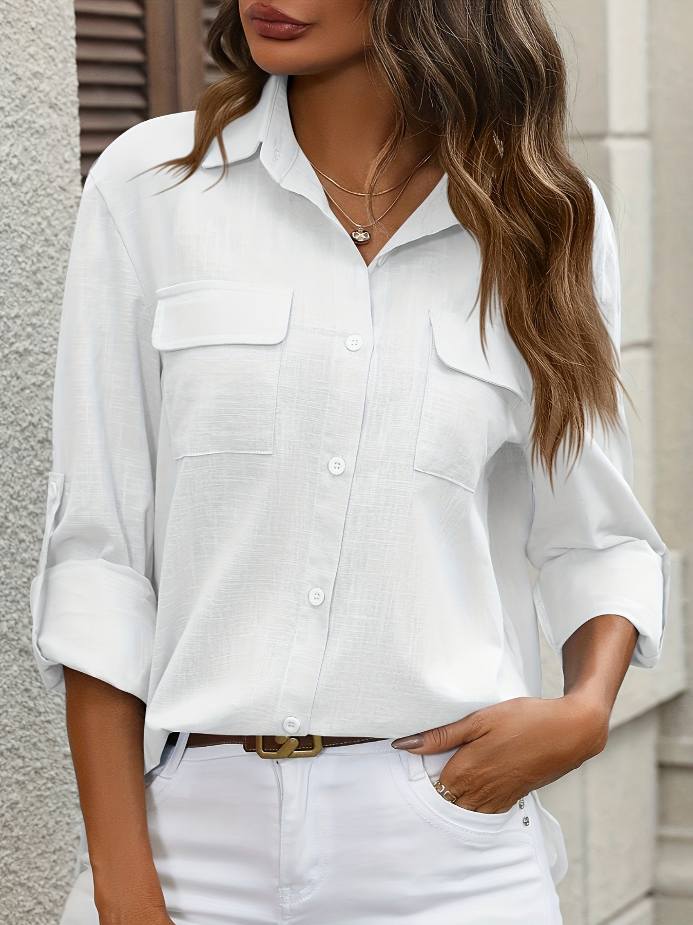 WW | Elegant Women's Cotton Blouse with Pockets and Long Sleeves