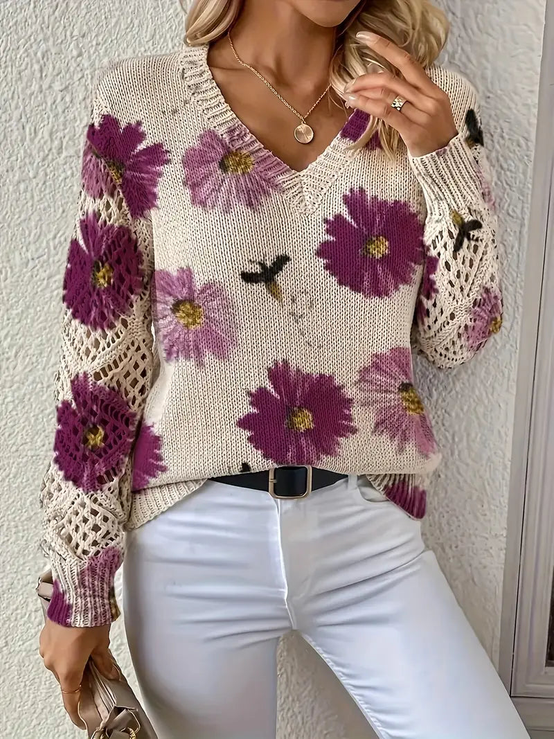 Rayuela Elegant Floral Print Sweater - Lilac