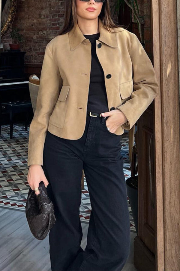 WW | Knopfverschluss Pocket Faux Suede Crop Jacke