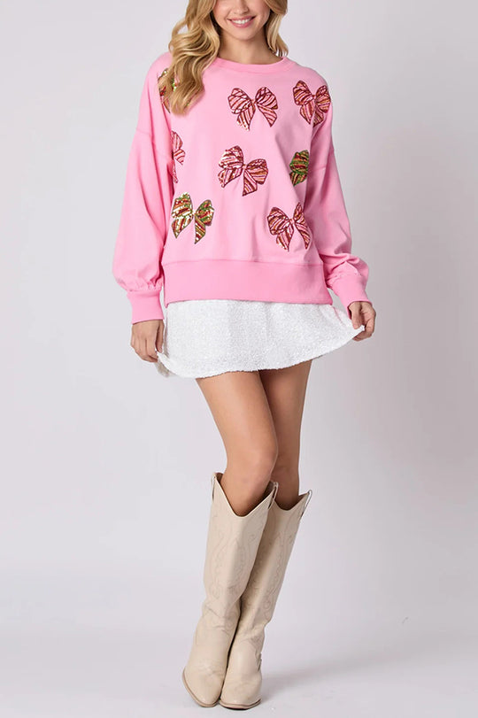 WW | Christmas Bow Sequin Loose Casual Long Sleeve Sweatshirt