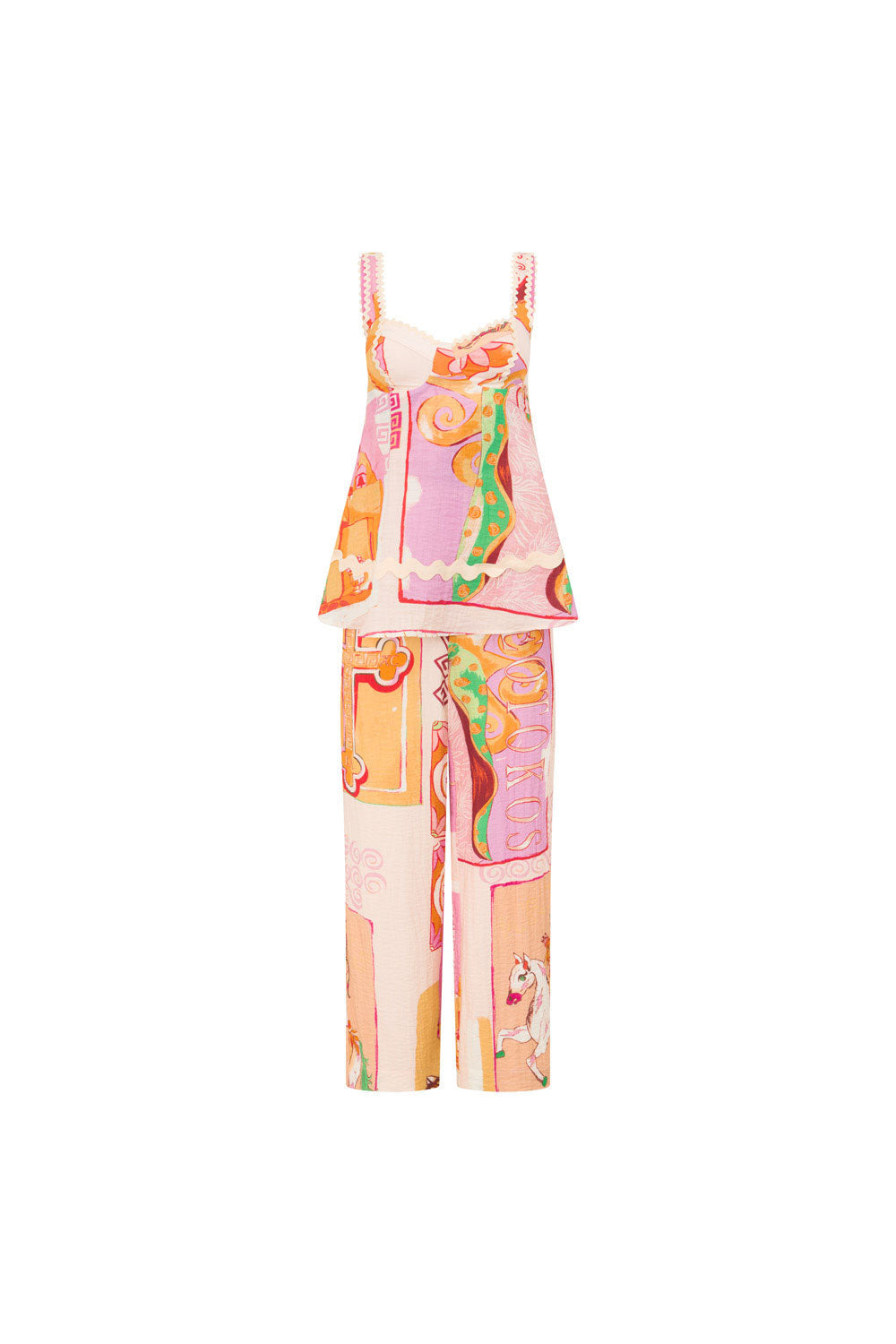 Carina - Printed Set with Cami Top, Wavy Hem, and Wide Waistband with Elastic Waist
