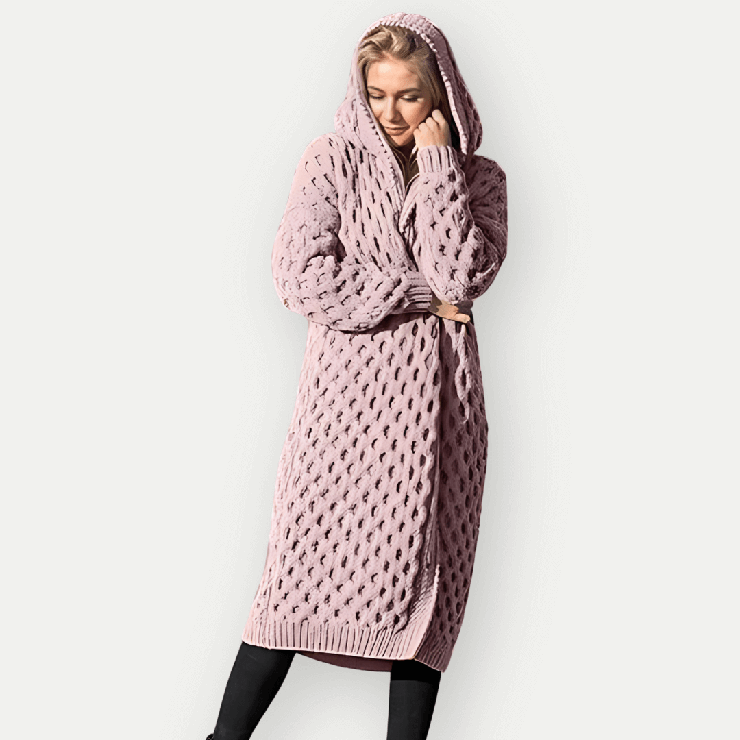 WW | Strickjacke Lockere Passform Zopf Muster Offene Vorderseite mit Kapuze