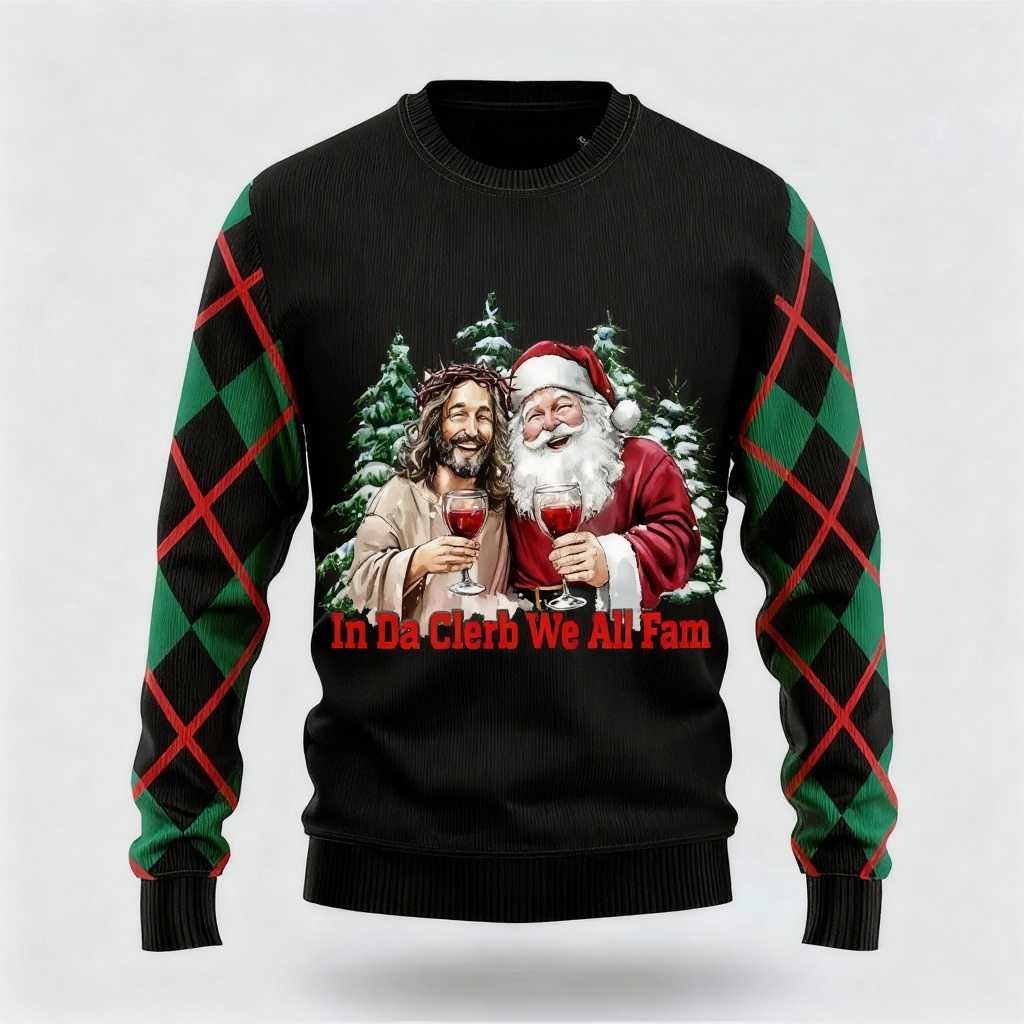 WW | Jesus & Santa Claus Druck - Maximalistischer Weihnachtsdruck Hässlicher Pullover