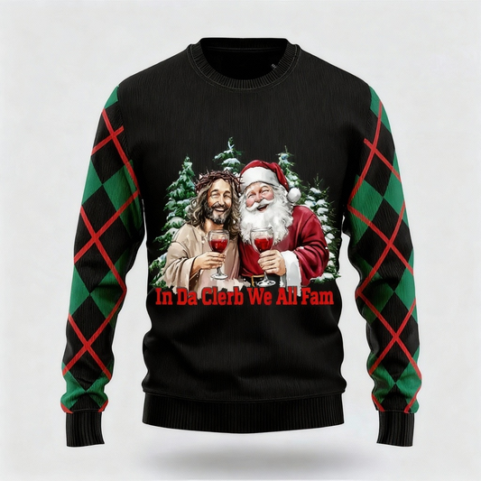 WW | Jesus & Santa Claus Druck - Maximalistischer Weihnachtsdruck Hässlicher Pullover