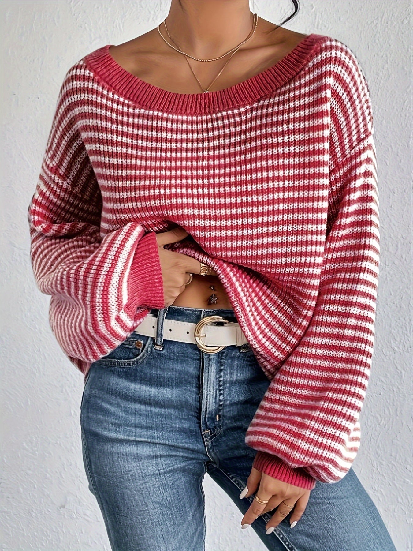 WW |  Schulterfreier Baumwollpullover mit Streifen, elastischem Stoff und Rundhalsausschnitt Pullover Damen - Ideal für Frühling