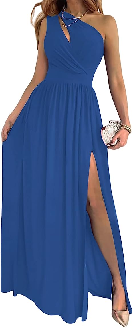 WW Damen-Cocktail-Maxikleid mit Ein-Schulter-hohem geteiltem Ausschnitt