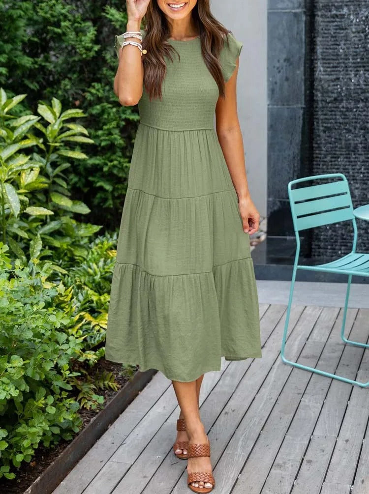 WW | Elegantes Plissiertes Lagenkleid mit Kurzen Ärmeln