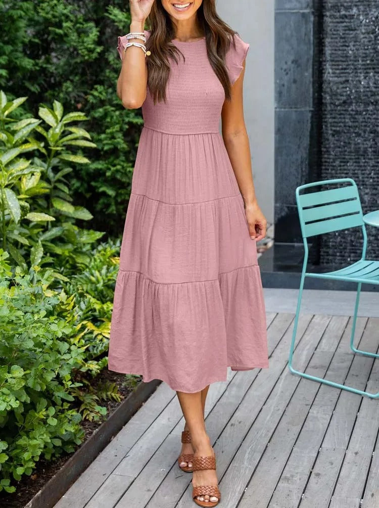 WW | Elegantes Plissiertes Lagenkleid mit Kurzen Ärmeln