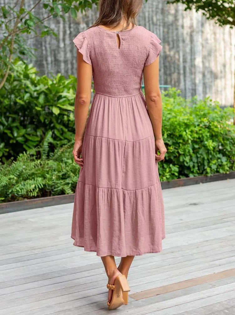 WW | Elegantes Plissiertes Lagenkleid mit Kurzen Ärmeln