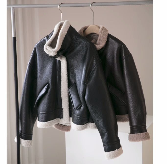 WW | Leder Fliegerjacke - Schurwolle-Futter Wärme - Schwarz & Weiß Kontrast - Winterstil