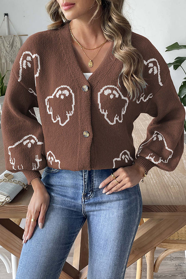 WW | Cozy Halloween ghost knit sweater with button placket