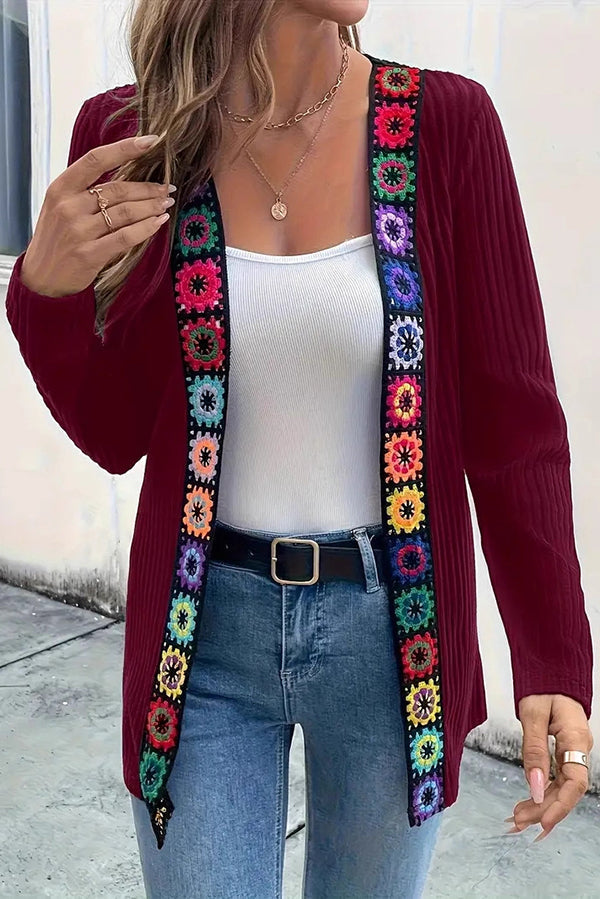 WW | Boho knit cardigan with floral trim and long sleeves