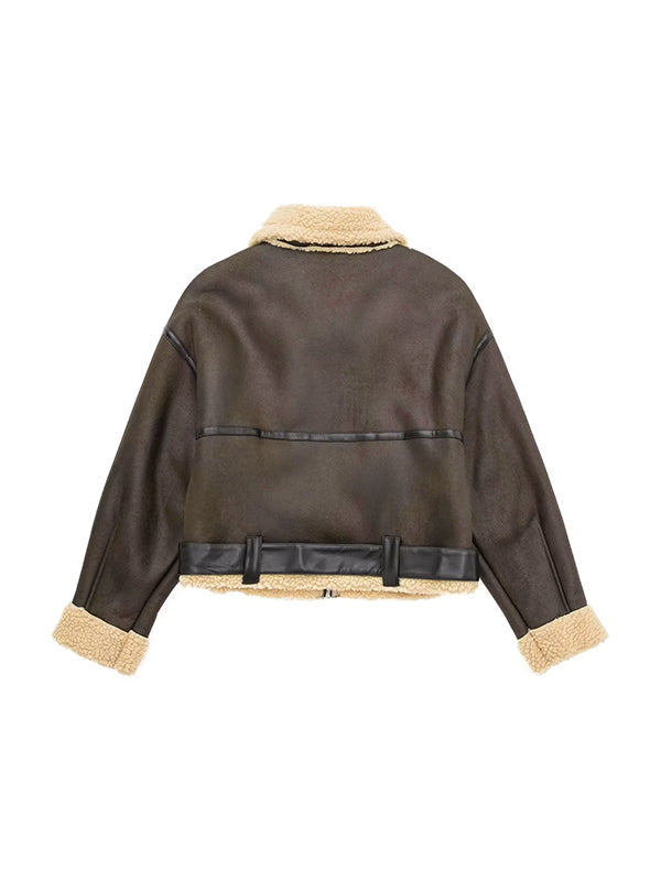WW | Brown Lambswool Lined Leather Splice Short Jacket