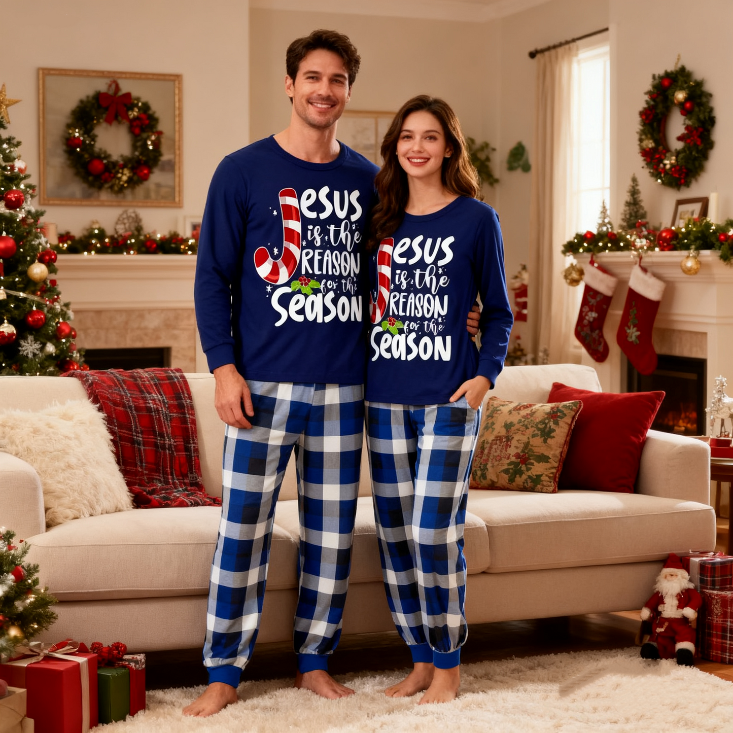 WW | Couple Christmas Matching Pajamas with Jesus Text Print