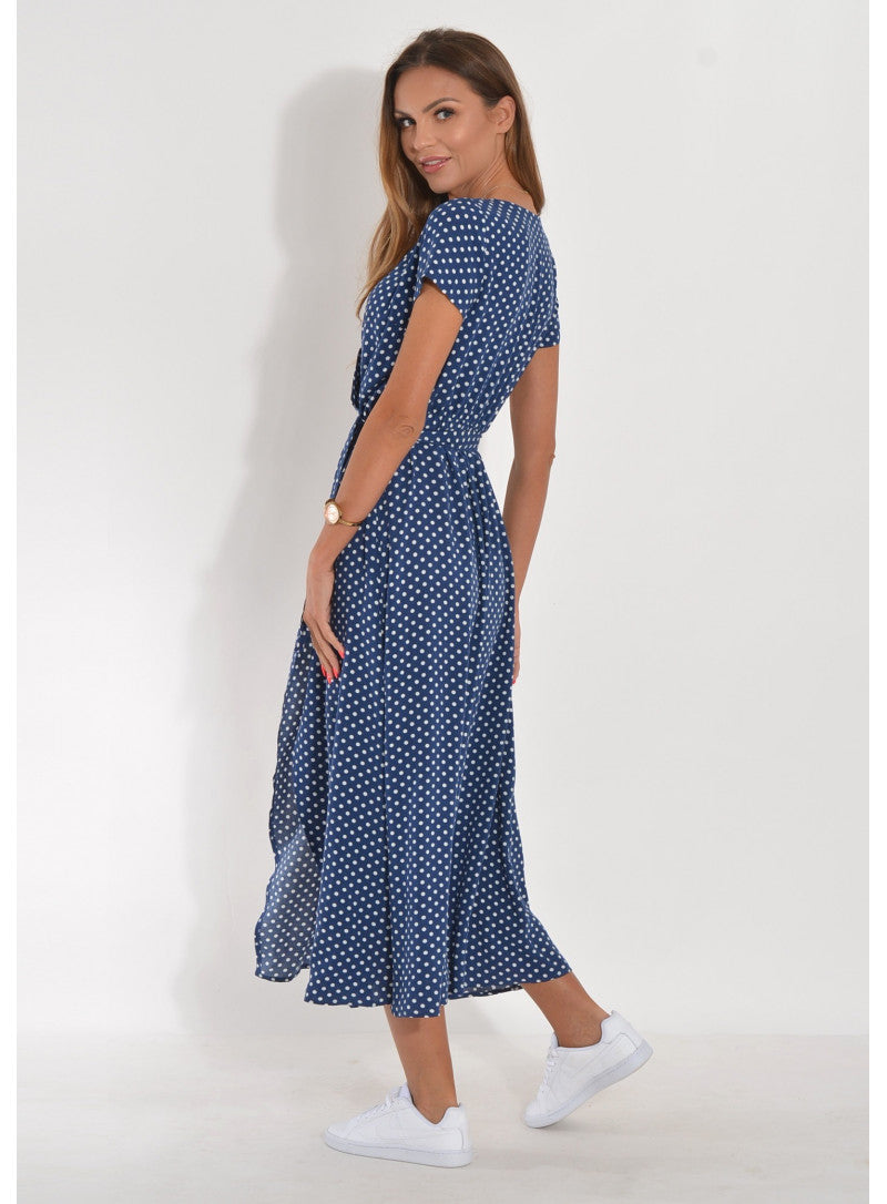 Polka Dot Maxi Dress – Airy Dress with V-Neck, Tie Belt & Slit
