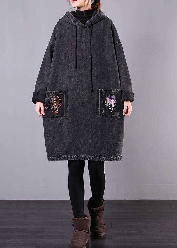 WW | denim schwarz bestickt Plus Size Freizeitmäntel Frauen Kapuzen-Patchwork-Jacken